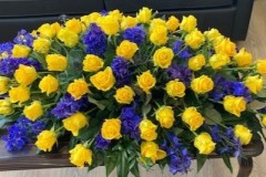 yellow-blue-roses COFFIN SPRAY