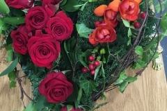 Rustic Funeral Tribute Heart with Red Roses & Freesia