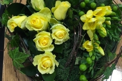 Rustic Funeral Tribute Heart with Yellow Roses & Freesia