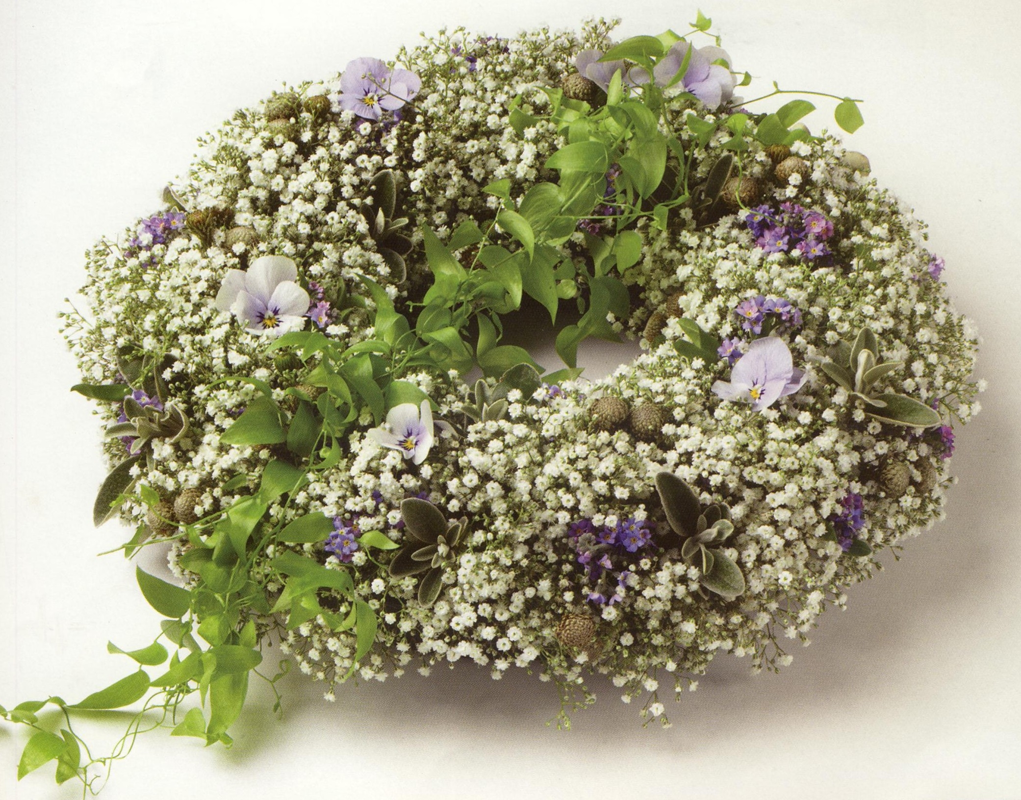 gypsophila and violets funeral wreath 14"